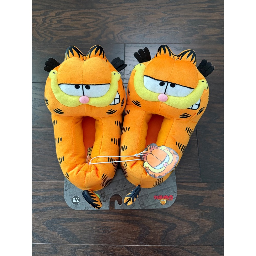 Garfield Plush Character Slippers Orange 3D Head House Shoes Mens Small 7/8 NEW - Picture 2 of 10